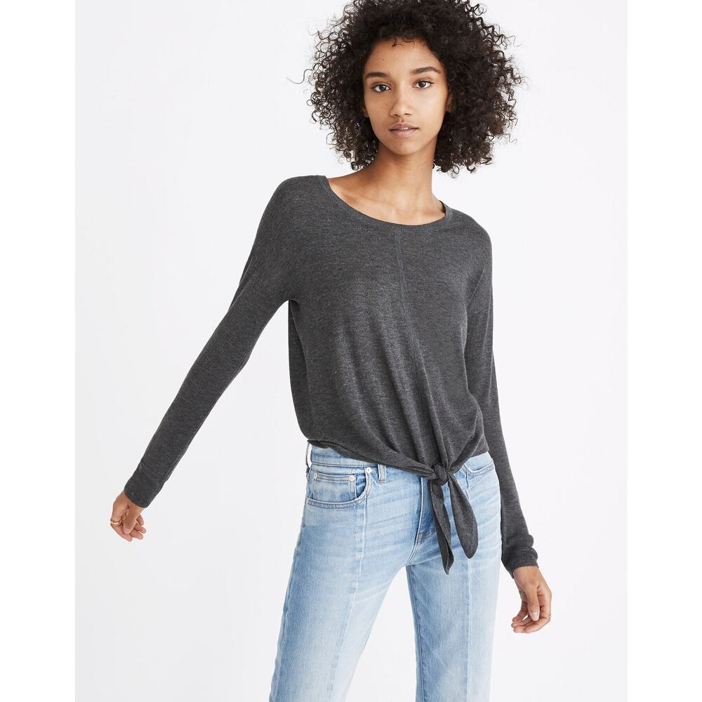 Madewell Modern Tie-Front Sweater XL Heather Cavern Round Neck Long Sleeve